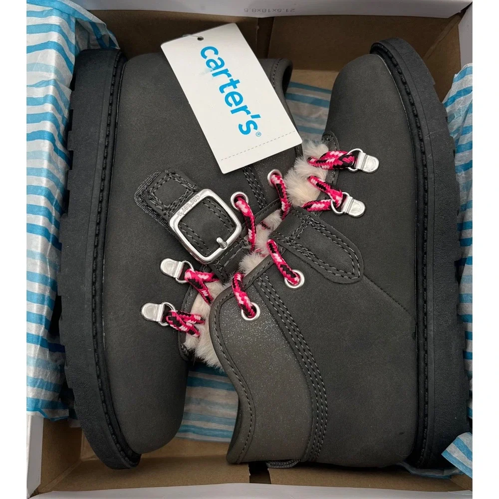 Carters Little Girls‎ Faux Fur Winter Booties Size 12 Gray Pink Cozy Warm Shoes